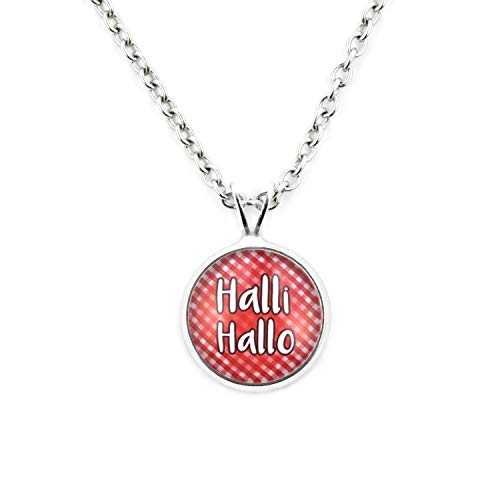 SCHMUCKZUCKER Damen Kette mit Anhänger Spruch Motiv Halli Hallo Edelstahl Silber-Farben rot Weiss kariert Kleiner Anhänger (14mm) - Kurze Kette (45cm) von SCHMUCKZUCKER