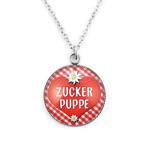 SCHMUCKZUCKER Damen Kette mit Anhänger Motiv Zuckerpuppe Herz Edelstahl Silber Rot Weiss Kariert Kurze Kette (45cm) - Großer Anhänger (25mm) von SCHMUCKZUCKER