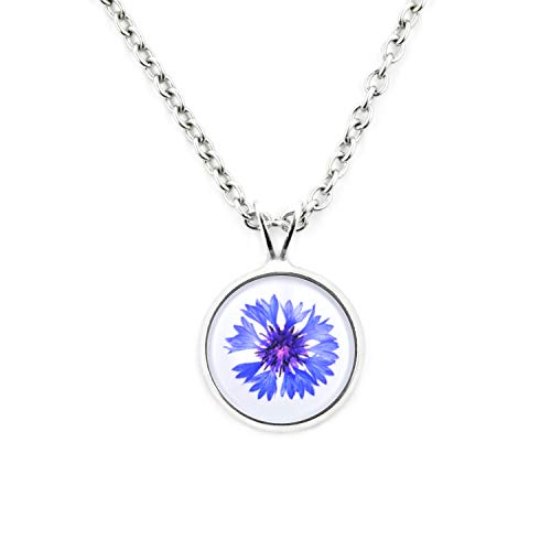 SCHMUCKZUCKER Damen Mädchen Kette mit Anhänger Motiv Kornblume Edelstahl Silber Blau Weiß Kleiner Anhänger (14mm) - Kurze Kette (45cm) von SCHMUCKZUCKER