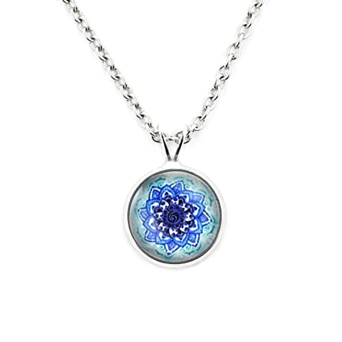 SCHMUCKZUCKER Damen Mädchen Kette mit Anhänger Motiv Mandala Edelstahl Silber Blau Kleiner Anhänger (14mm) - Kurze Kette (45cm) von SCHMUCKZUCKER