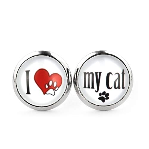 SCHMUCKZUCKER Damen Mädchen Ohrringe Motiv I love my dog - my cat Edelstahl Ohrstecker Hund Katze Silber Weiß I love my Cat 12mm von SCHMUCKZUCKER