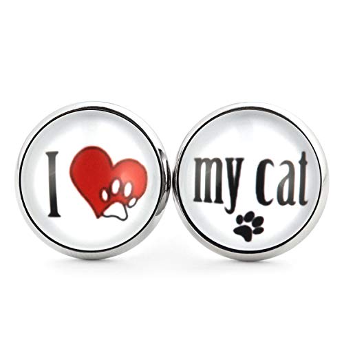 SCHMUCKZUCKER Damen Mädchen Ohrringe Motiv I love my dog - my cat Edelstahl Ohrstecker Hund Katze Silber Weiß I love my Cat 14mm von SCHMUCKZUCKER