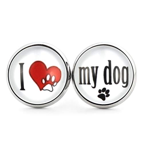 SCHMUCKZUCKER Damen Mädchen Ohrringe Motiv I love my dog - my cat Edelstahl Ohrstecker Hund Katze Silber Weiß I love my Dog 14mm von SCHMUCKZUCKER