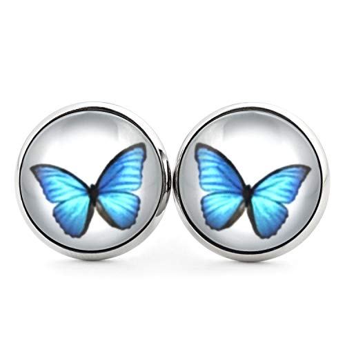 SCHMUCKZUCKER Damen Mädchen Ohrringe Motiv Schmetterling Edelstahl Ohrstecker Silber Weiß Blau 14mm von SCHMUCKZUCKER