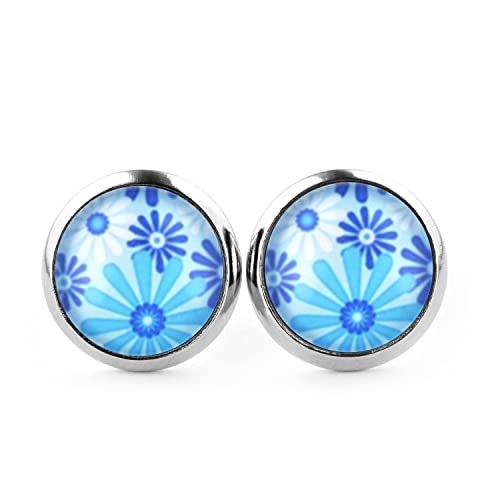 SCHMUCKZUCKER Damen Mädchen Ohrstecker Blaue Blumen Edelstahl Ohrringe mit Blüten Silber Blau Weiß 12mm von SCHMUCKZUCKER