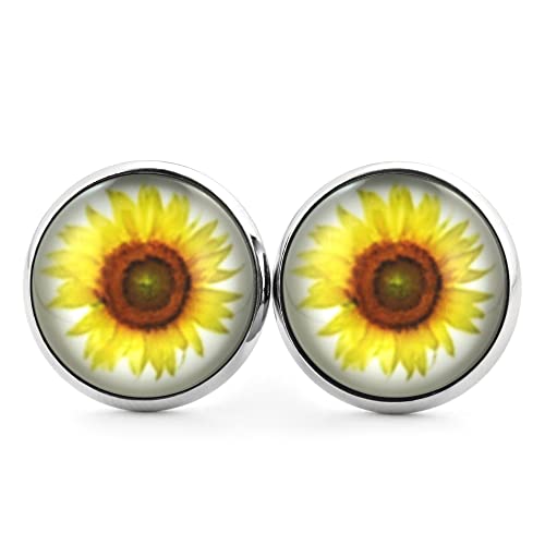 SCHMUCKZUCKER Damen Mädchen Ohrstecker Motiv Sonnenblume Edelstahl Blumen Ohrringe Silber Schmuck Damen Gelb Weiß 14mm von SCHMUCKZUCKER