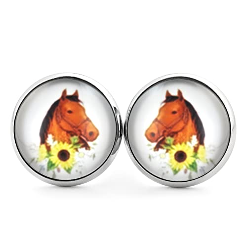 SCHMUCKZUCKER Damen Mädchen Ohrstecker Pferd mit Sonnenblume Edelstahl Pferdemädchen Ohrringe Silber 14mm von SCHMUCKZUCKER