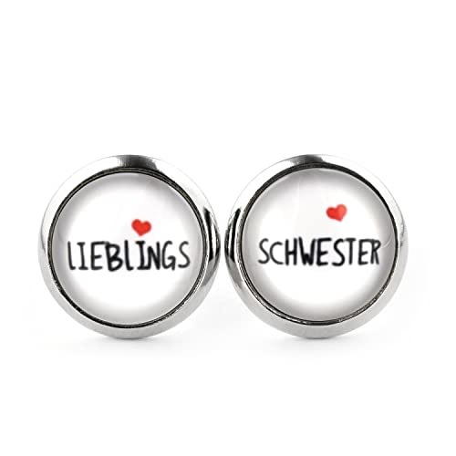 SCHMUCKZUCKER Damen Mädchen Ohrstecker mit Spruch Lieblings-Schwester Edelstahl Ohrringe Herz Silber Weiss 12mm von SCHMUCKZUCKER