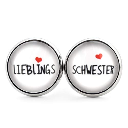 SCHMUCKZUCKER Damen Mädchen Ohrstecker mit Spruch Lieblings-Schwester Edelstahl Ohrringe Herz Silber Weiss 14mm von SCHMUCKZUCKER