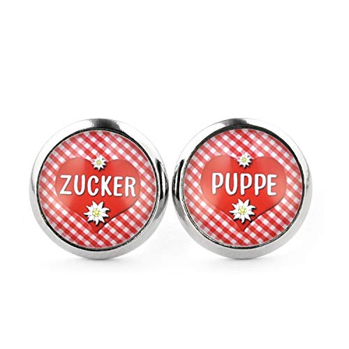 SCHMUCKZUCKER Damen Ohrringe Motiv Zuckerpuppe Herz Edelstahl Silber Rot Weiß Kariert Ohrstecker (12mm) von SCHMUCKZUCKER