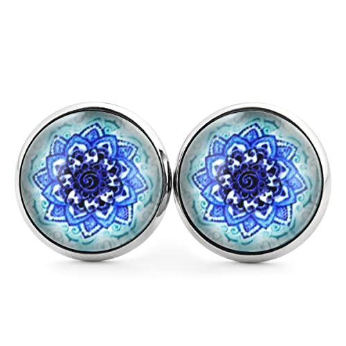 SCHMUCKZUCKER Damen Ohrringe mit Motiv Mandala Edelstahl Silber Blau-Grün Ohrstecker 14mm von SCHMUCKZUCKER