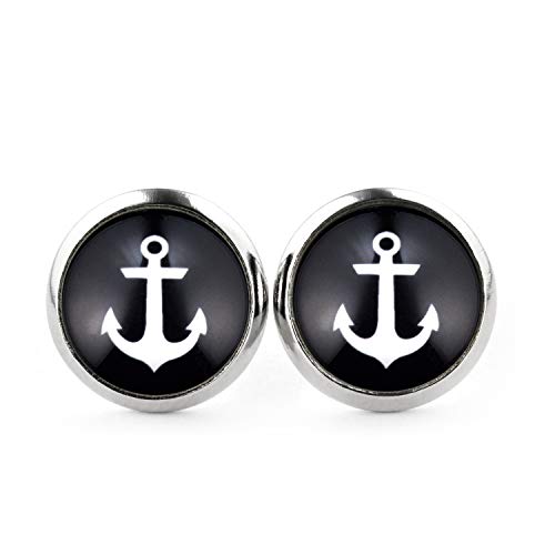 SCHMUCKZUCKER Damen Herren Unisex Ohrstecker Schlichter Anker maritime Edelstahl Ohrringe Schwarz Weiß Silber Schwarz 12mm von SCHMUCKZUCKER