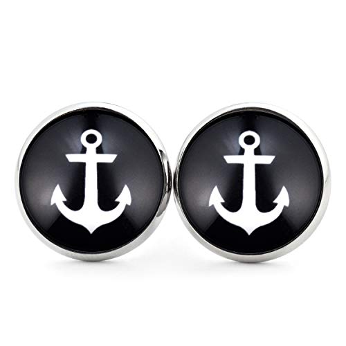 SCHMUCKZUCKER Damen Herren Unisex Ohrstecker Schlichter Anker maritime Edelstahl Ohrringe Schwarz Weiß Silber Schwarz 14mm von SCHMUCKZUCKER