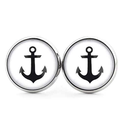 SCHMUCKZUCKER Damen Herren Unisex Ohrstecker Schlichter Anker maritime Edelstahl Ohrringe Schwarz Weiß Silber Weiß 14mm von SCHMUCKZUCKER