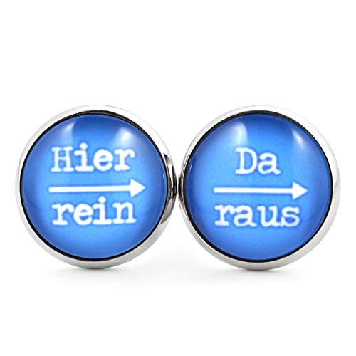 SCHMUCKZUCKER Damen Herren Unisex Ohrstecker mit Spruch Hier rein - da raus Lustige Edelstahl Ohrringe Silber Hellblau 14mm von SCHMUCKZUCKER