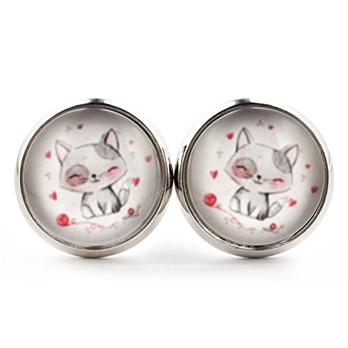 SCHMUCKZUCKER Damen Ohrstecker Paar Kätzchen Katze Herz süße Modeschmuck Ohrringe silber-farben grau rot 14mm von SCHMUCKZUCKER