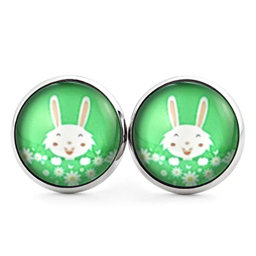 SCHMUCKZUCKER Damen Ohrstecker Motiv Osterhase witzige Edelstahl Ohrringe mit Hase und Blumen Silber Grün 14mm von SCHMUCKZUCKER