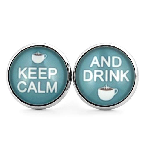 SCHMUCKZUCKER Damen Herren Unisex Ohrstecker Keep Calm and drink Coffee Edelstahl Ohrringe Türkis (14mm) von SCHMUCKZUCKER