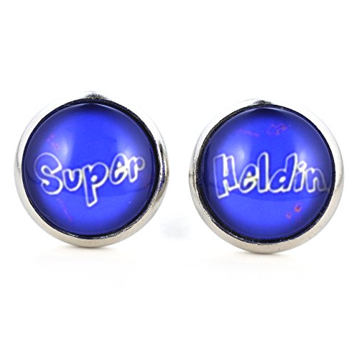 SCHMUCKZUCKER Damen Ohrstecker Spruch Super Heldin witzige Edelstahl Ohrringe silber-farben 14mm (blau) von SCHMUCKZUCKER