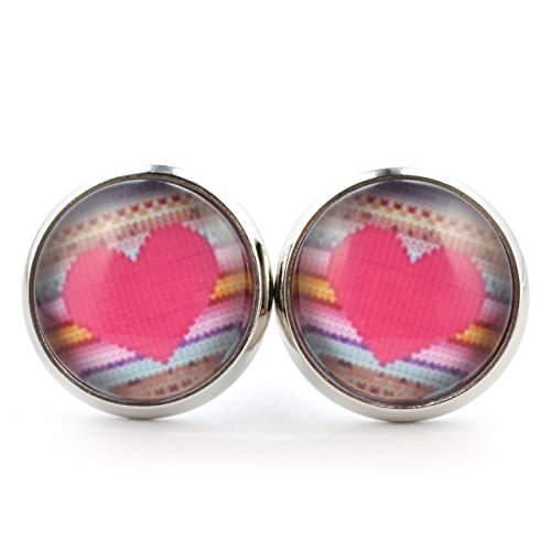 SCHMUCKZUCKER Damen Ohrstecker Motiv Strick-Herz Modeschmuck Ohrringe silber-farben bunt pink 14mm von SCHMUCKZUCKER