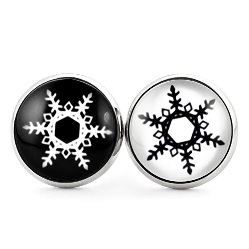 SCHMUCKZUCKER Damen Mädchen Ohrstecker Motiv Schneeflocke Edelstahl Weihnachtsohrringe Silber Schwarz & Weiß 14mm von SCHMUCKZUCKER