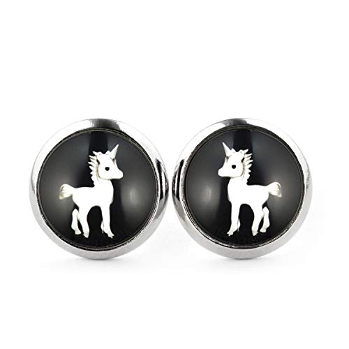 SCHMUCKZUCKER Damen Mädchen Ohrstecker Motiv Einhorn Edelstahl Ohrringe Silber Schwarz 12mm von SCHMUCKZUCKER