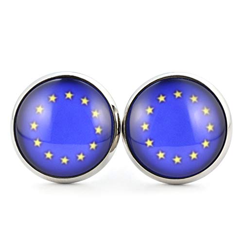 SCHMUCKZUCKER Damen Ohrstecker mit Motiv Europa EU Euro Europäische Union Sterne Flagge Fahne Edelstahl Ohrringe Silber Blau 14mm von SCHMUCKZUCKER