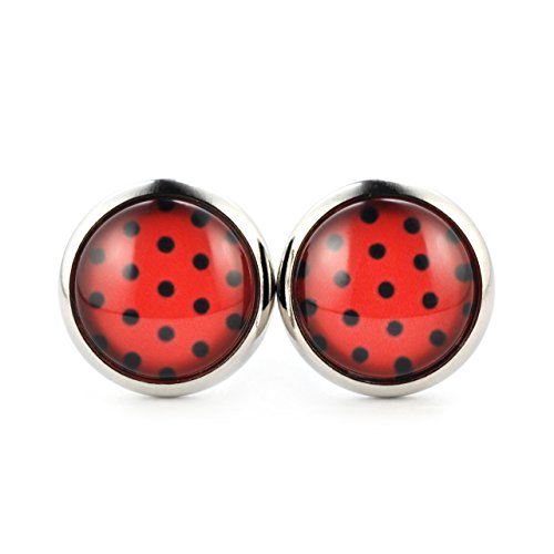 SCHMUCKZUCKER Damen Ohrstecker Muster Polka Dots schwarz-rot 12mm von SCHMUCKZUCKER