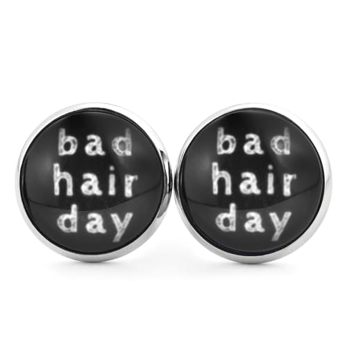 SCHMUCKZUCKER Damen Herren Unisex Ohrringe Spruch Bad Hair Day witzige Edelstahl Ohrstecker Silber Schwarz 14mm von SCHMUCKZUCKER