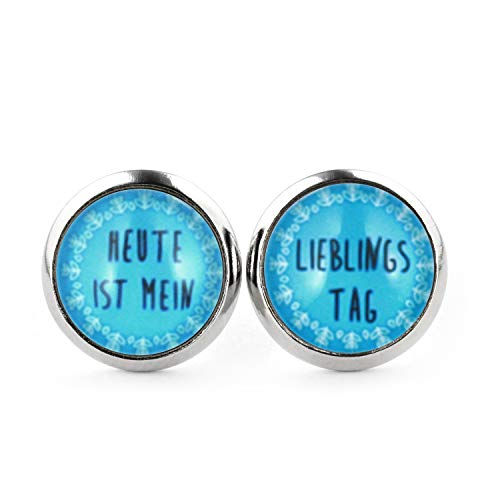 SCHMUCKZUCKER Damen Ohrstecker mit Spruch Heute ist mein Lieblingstag witzige Edelstahl Ohrringe Silber Blau 12mm Blau von SCHMUCKZUCKER