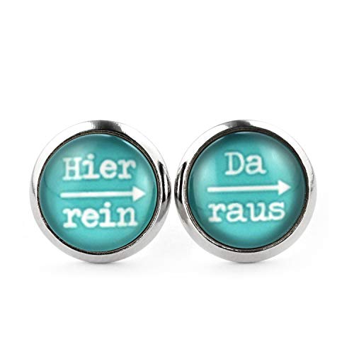 SCHMUCKZUCKER Damen Herren Unisex Ohrstecker mit Spruch Hier rein - da raus Lustige Edelstahl Ohrringe Silber Türkis 12mm von SCHMUCKZUCKER