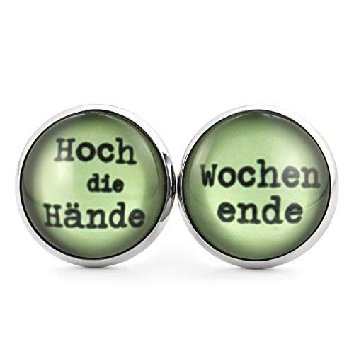 SCHMUCKZUCKER Damen Herren Unisex Ohrstecker mit Spruch Hoch die Hände - Wochenende Edelstahl Ohrringe Silber 14mm von SCHMUCKZUCKER