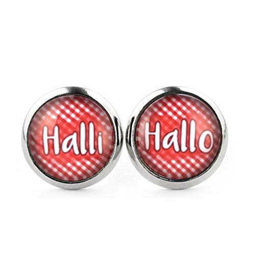 SCHMUCKZUCKER Damen Ohrstecker mit Spruch Motiv Halli Hallo witzige Edelstahl Stecker Ohrringe Silber Rot Weiss Kariert 12mm von SCHMUCKZUCKER