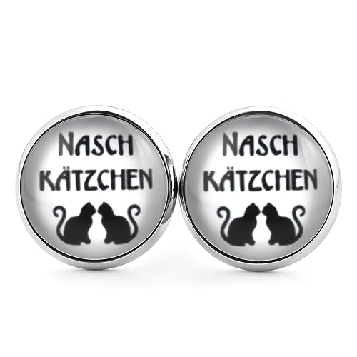 SCHMUCKZUCKER Damen Herren Unisex Ohrringe Motiv Naschkätzchen Retro Edelstahl Ohrstecker Katze Silber Schwarz Weiß von SCHMUCKZUCKER