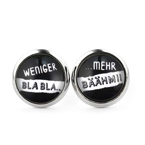 SCHMUCKZUCKER Damen Herren Ohrringe Motiv Weniger Bla Bla - Mehr Bähm lustige Edelstahl Ohrstecker Silber Schwarz 12mm von SCHMUCKZUCKER