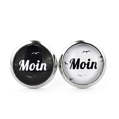 SCHMUCKZUCKER Damen Unisex Ohrstecker Spruch Motiv Moin Moin Edelstahl Ohrringe Silber Schwarz & Weiß 12mm von SCHMUCKZUCKER