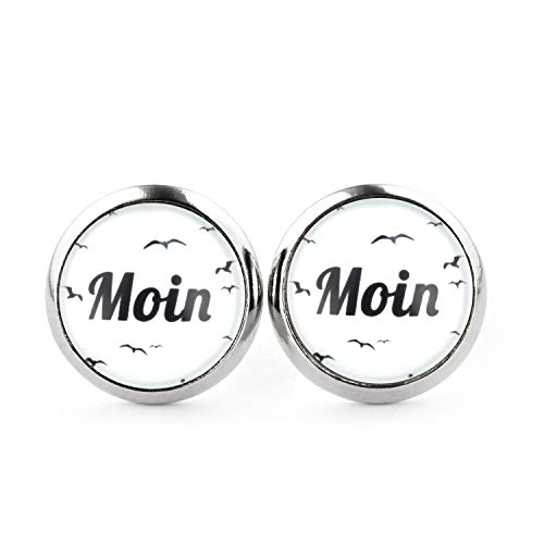 SCHMUCKZUCKER Damen Unisex Ohrstecker Spruch Motiv Moin Moin Edelstahl Ohrringe Silber Weiß 12mm von SCHMUCKZUCKER