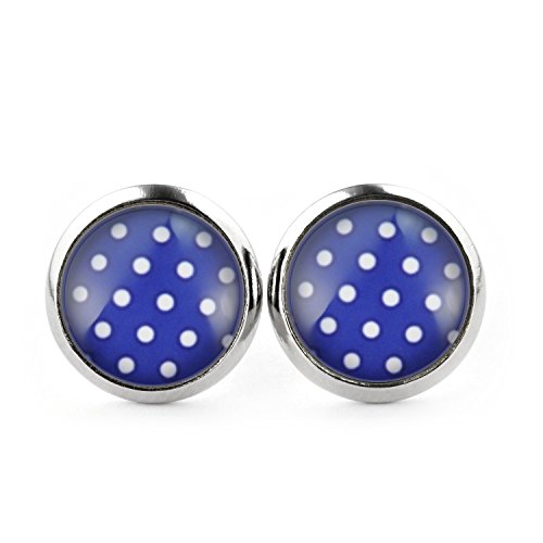 SCHMUCKZUCKER Ohrstecker Damen Muster Polka Dots Punkte silber-farben dunkelblau weiss 12mm von SCHMUCKZUCKER