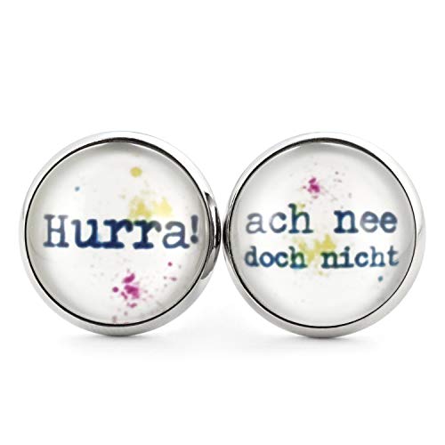 SCHMUCKZUCKER Unisex Ohrstecker Spruch Hurra ach nee doch nicht Edelstahl Ohrringe Silber Bunt Schmuck Damen Herren 14mm von SCHMUCKZUCKER