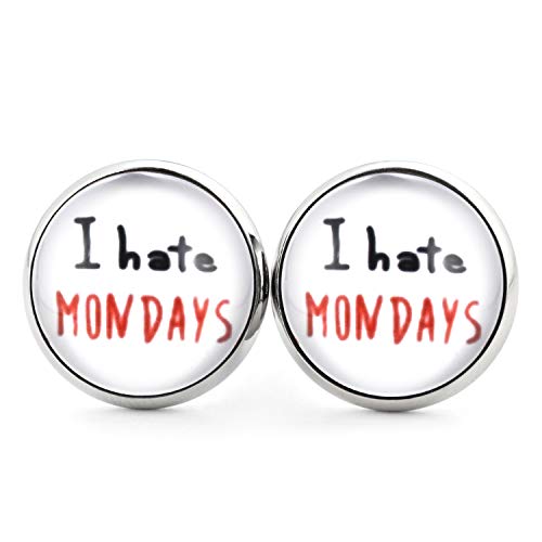 SCHMUCKZUCKER Unisex Ohrstecker mit Spruch I hate Mondays witzige Modeschmuck Ohrringe silber-farben weiss 14mm von SCHMUCKZUCKER