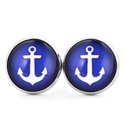 SCHMUCKZUCKER Damen Herren Unisex Ohrstecker Schlichter Anker maritime Edelstahl Ohrringe Schwarz Weiß Silber Marine 14mm von SCHMUCKZUCKER