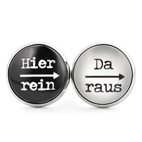 SCHMUCKZUCKER Damen Herren Unisex Ohrstecker mit Spruch Hier rein - da raus Lustige Edelstahl Ohrringe Silber Schwarz & Weiß 14mm von SCHMUCKZUCKER