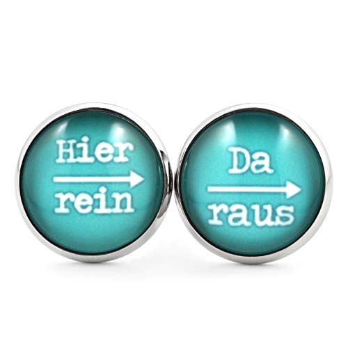 SCHMUCKZUCKER Damen Herren Unisex Ohrstecker mit Spruch Hier rein - da raus Lustige Edelstahl Ohrringe Silber Türkis 14mm von SCHMUCKZUCKER