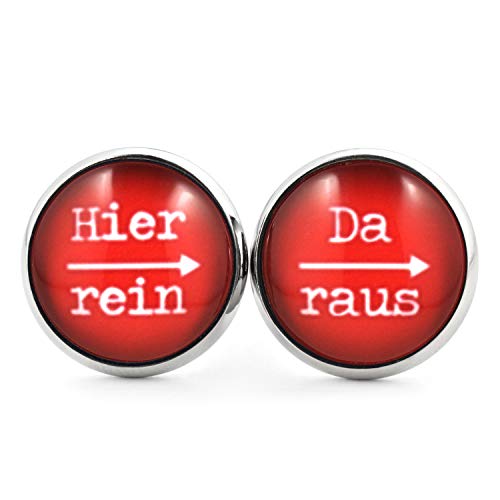 SCHMUCKZUCKER Damen Herren Unisex Ohrstecker mit Spruch Hier rein - da raus Lustige Edelstahl Ohrringe Silber Rot 14mm von SCHMUCKZUCKER