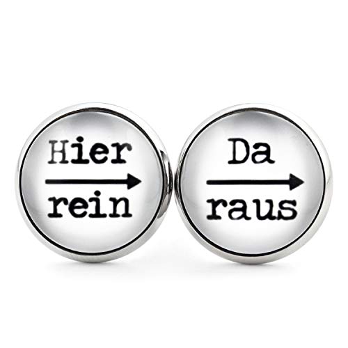 SCHMUCKZUCKER Damen Herren Unisex Ohrstecker mit Spruch Hier rein - da raus Lustige Edelstahl Ohrringe Silber Weiß 14mm von SCHMUCKZUCKER