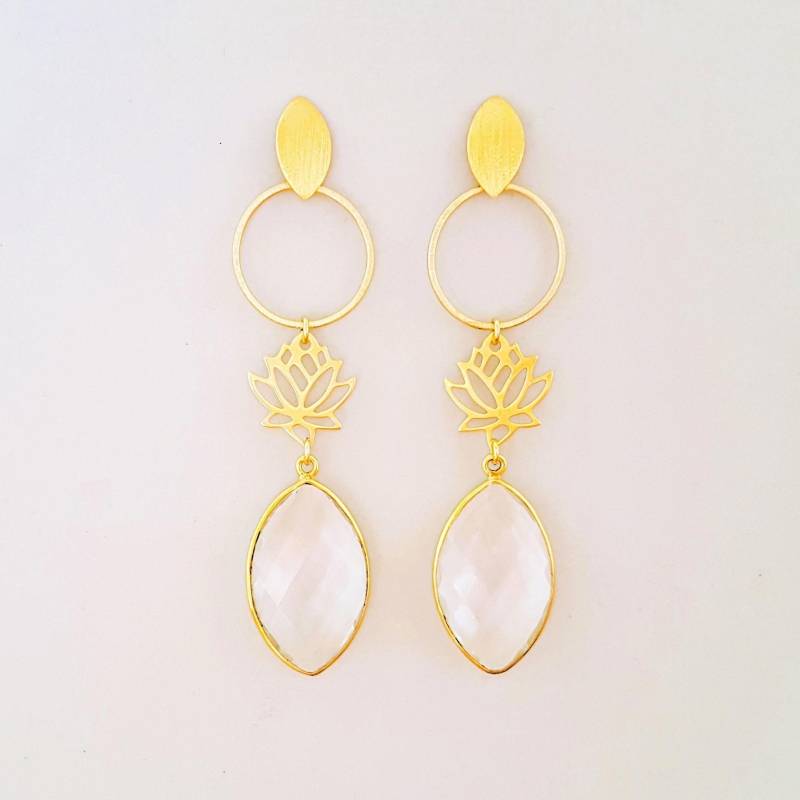 Bergkristall Lotus Blüten Ohrstecker Lang 925 Silber Vergoldet/Edelstein Boho Ohrringe von SCHMUCKbyFelicitas