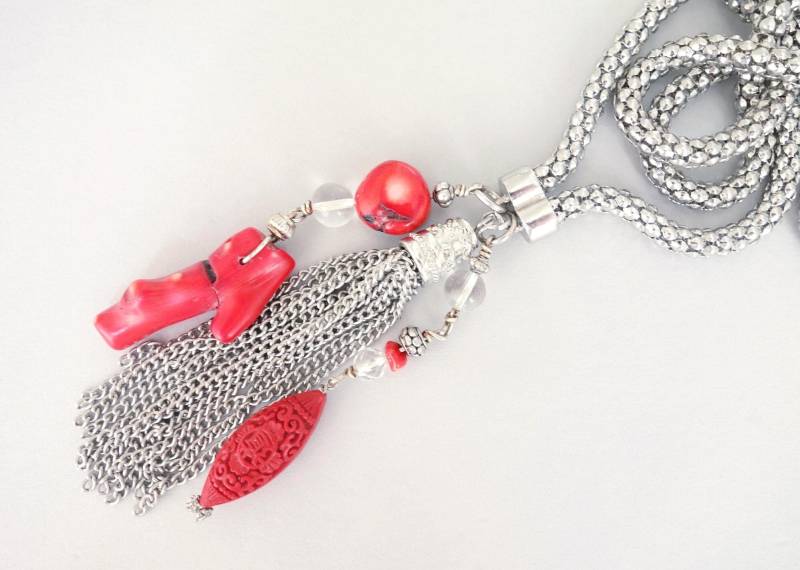 Korallen Statement Kette Silber Quaste, Unikat Design Schmuck Handgemacht von SCHMUCKbyFelicitas