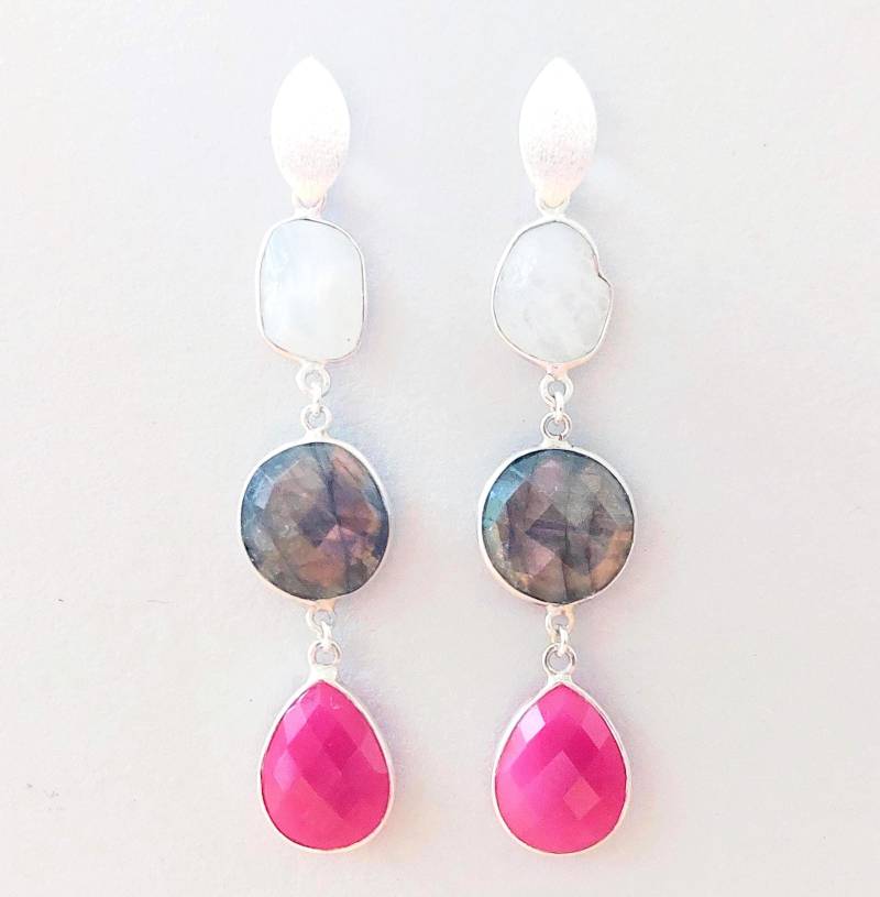 Mondstein Labradorit Chalcedon Ohrringe 925 Silber, Edle Lange Edelstein Ohrhänger von SCHMUCKbyFelicitas