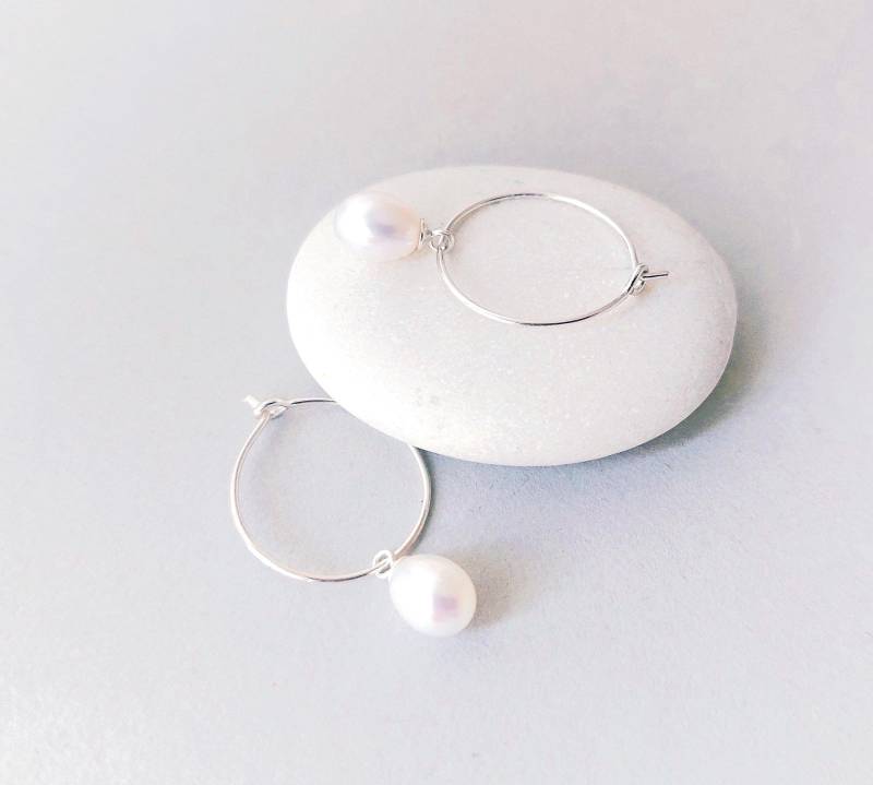 Perlen Ohrringe 925 Silber/Creolen Mit Weißen Süßwasserperlen von SCHMUCKbyFelicitas