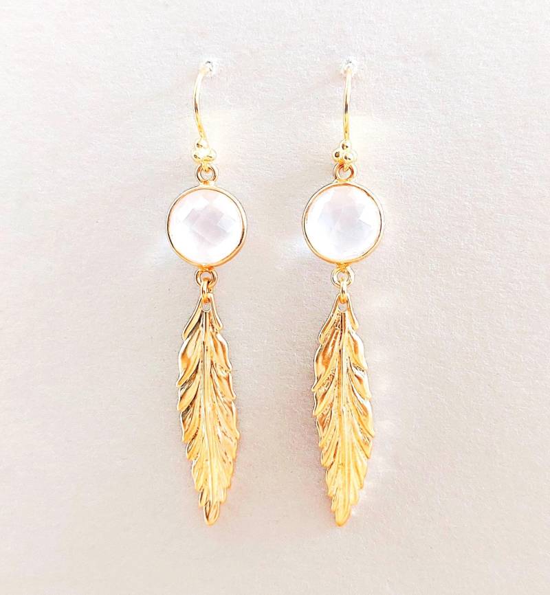 Rosenquarz Ohrringe Mit Gold Feder/Boho Ohrhänger Lang Rosenquarz Ohrringe Mit Gold Feder/Boho Ohrhänger Lang von SCHMUCKbyFelicitas